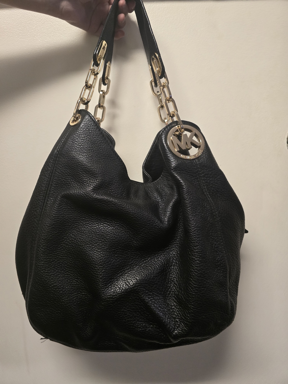 Michael Kors Black Leather Hobo with Gold Chain Accent